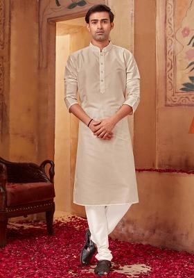 Light Grey Solid Silk Kurta Set For Men