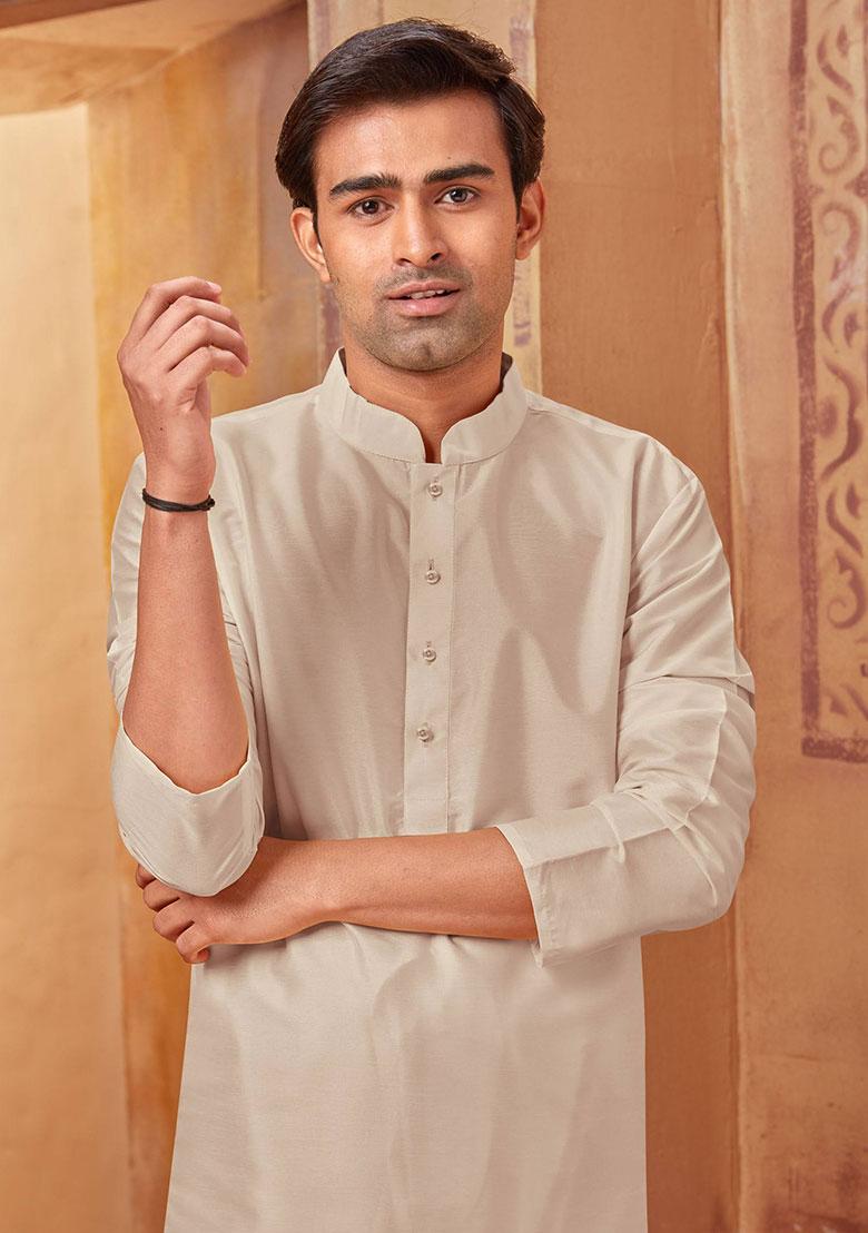 Light Grey Solid Silk Kurta Set For Men