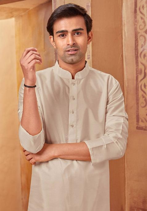 Light Grey Solid Silk Kurta Set For Men