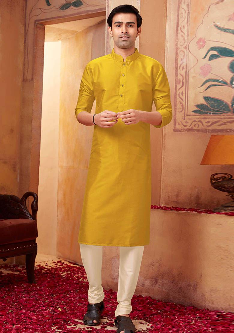 Green Solid Silk Kurta Set For Men