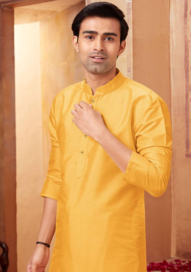 Green Solid Silk Kurta Set For Men