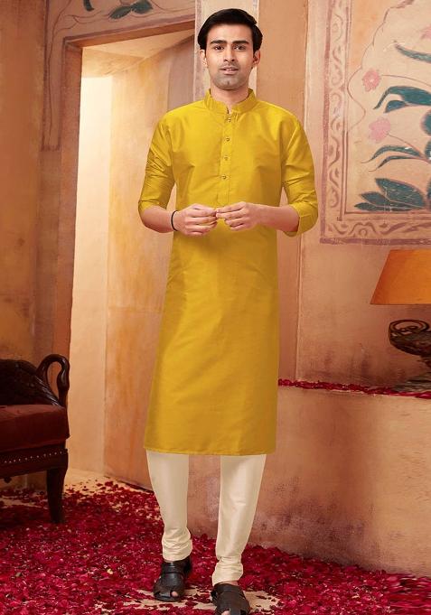 Green Solid Silk Kurta Set For Men