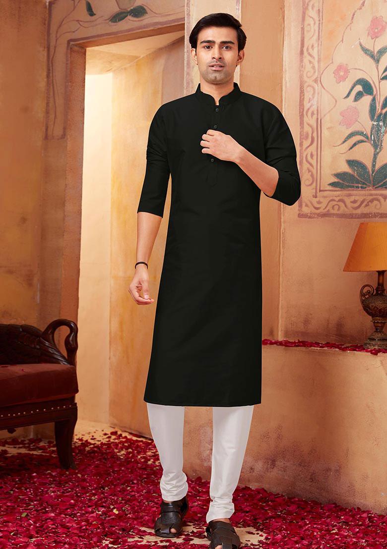 Black Solid Silk Kurta Set For Men