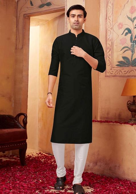 Black Solid Silk Kurta Set For Men