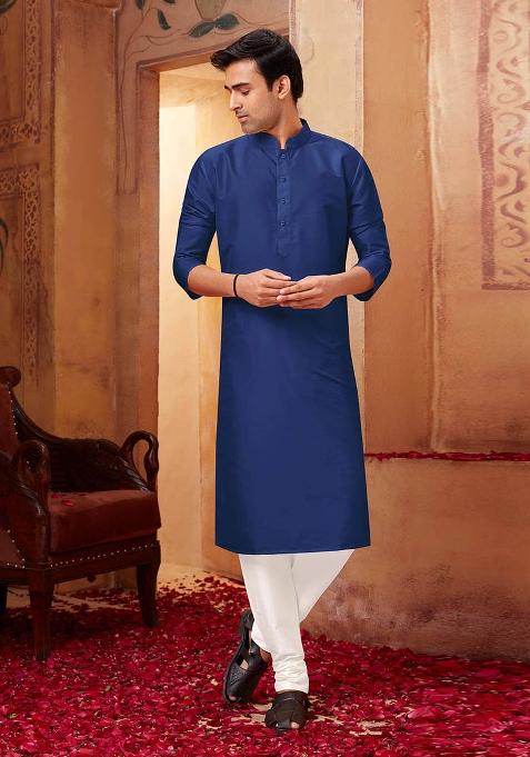 Navy Blue Solid Silk Kurta Set For Men
