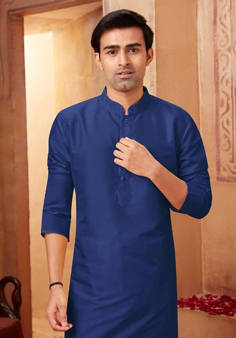 Navy Blue Solid Silk Kurta Set For Men