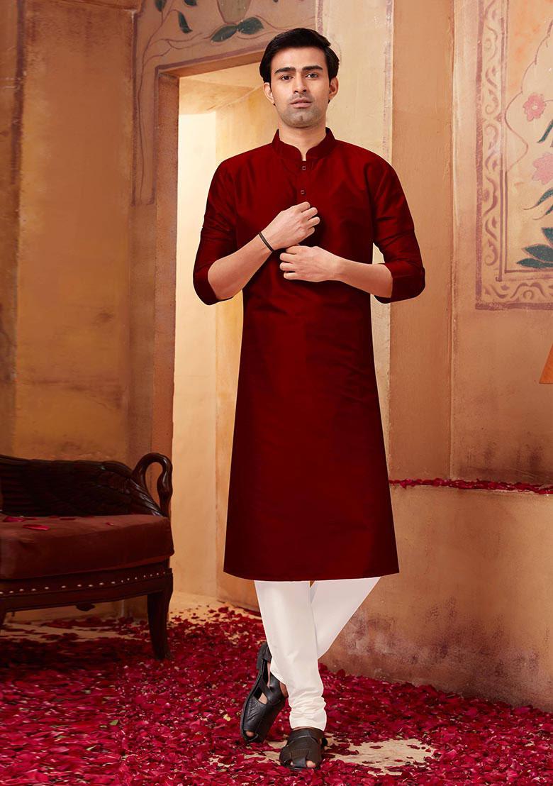 Maroon Solid Silk Kurta Set For Men