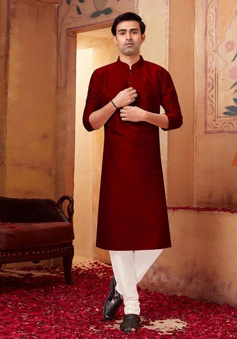 Maroon Solid Silk Kurta Set For Men