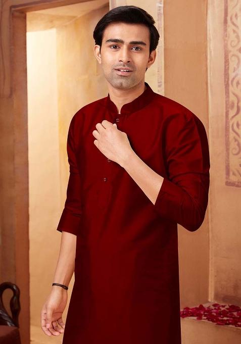 Maroon Solid Silk Kurta Set For Men