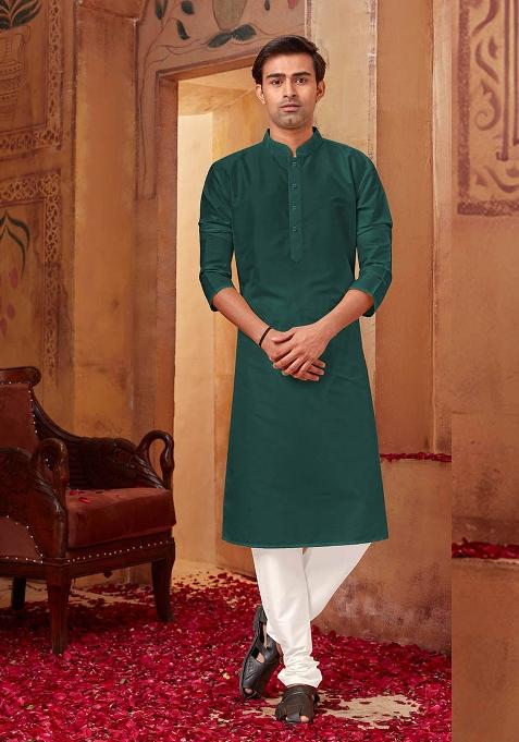 Bottle Green Solid Silk Kurta Set For Men