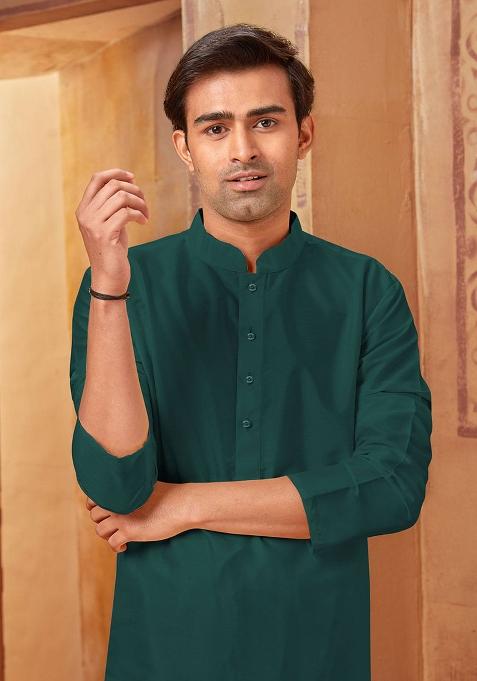 Bottle Green Solid Silk Kurta Set For Men