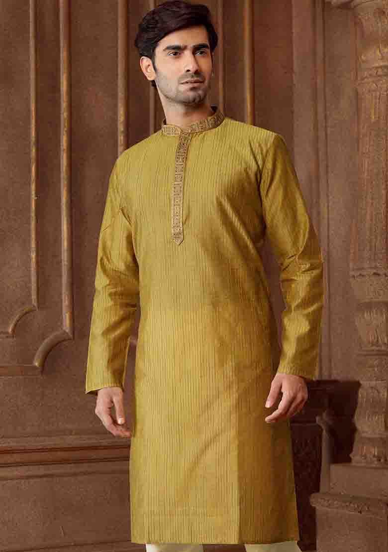 Mehndi Green Solid Silk Kurta Set For Men
