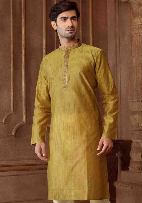 Mehndi Green Solid Silk Kurta Set For Men