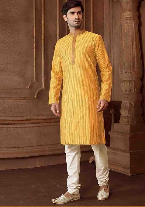 Musturd Solid Silk Kurta Set For Men