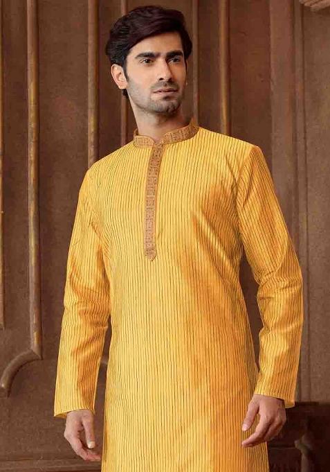 Musturd Solid Silk Kurta Set For Men