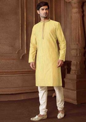 Light Yellow Solid Silk Kurta Set For Men