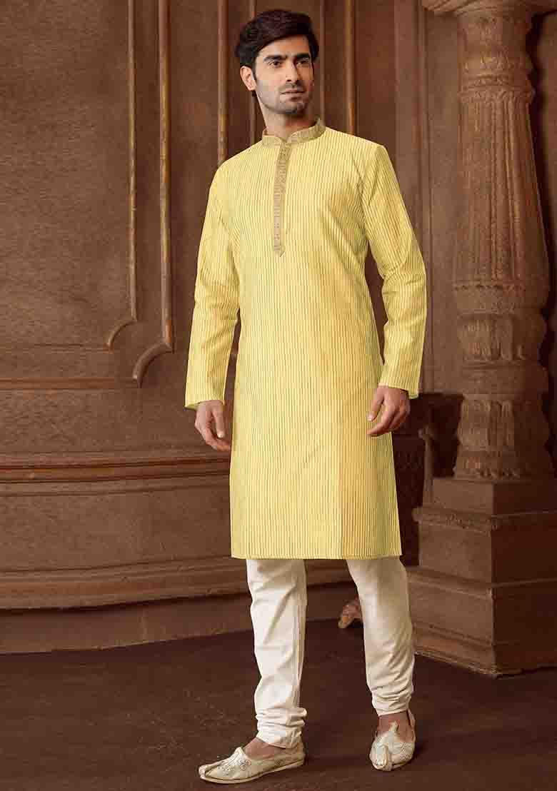 Light Yellow Solid Silk Kurta Set For Men