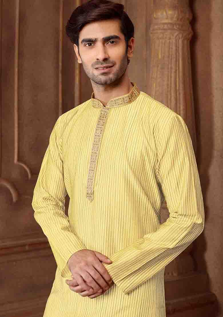 Light Yellow Solid Silk Kurta Set For Men