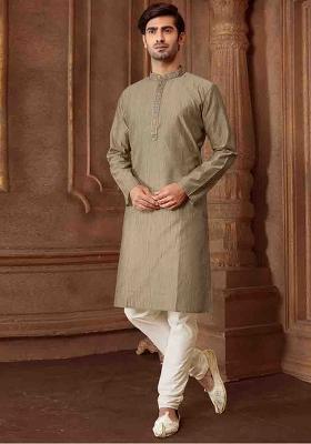 Grey Solid Silk Kurta Set For Men