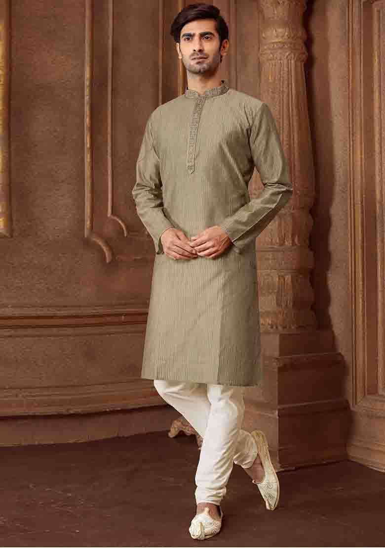 Grey Solid Silk Kurta Set For Men - Indya