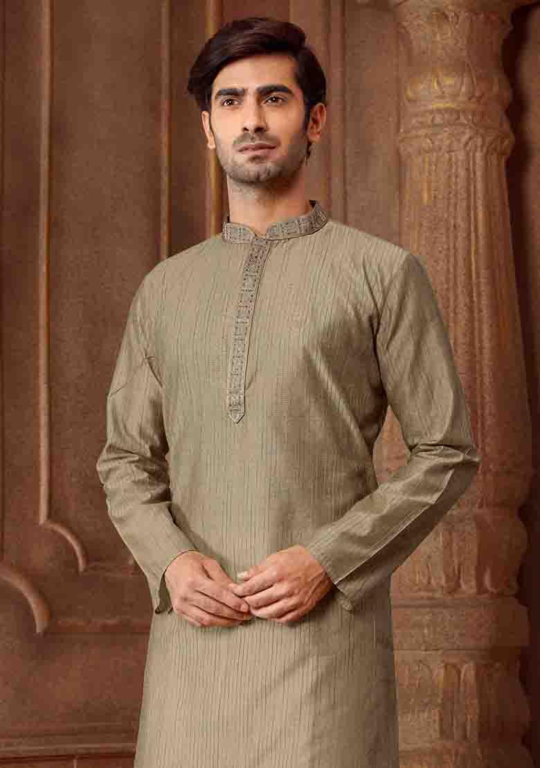 Grey Solid Silk Kurta Set For Men