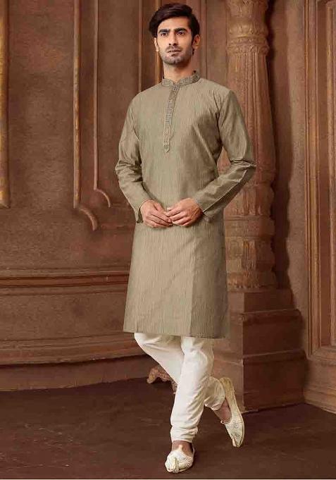 Grey Solid Silk Kurta Set For Men