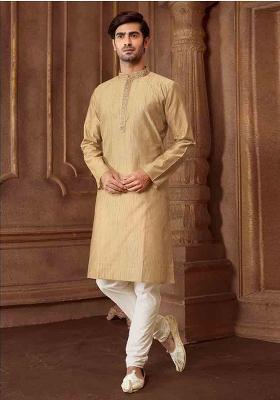 Light Grey Solid Silk Kurta Set For Men
