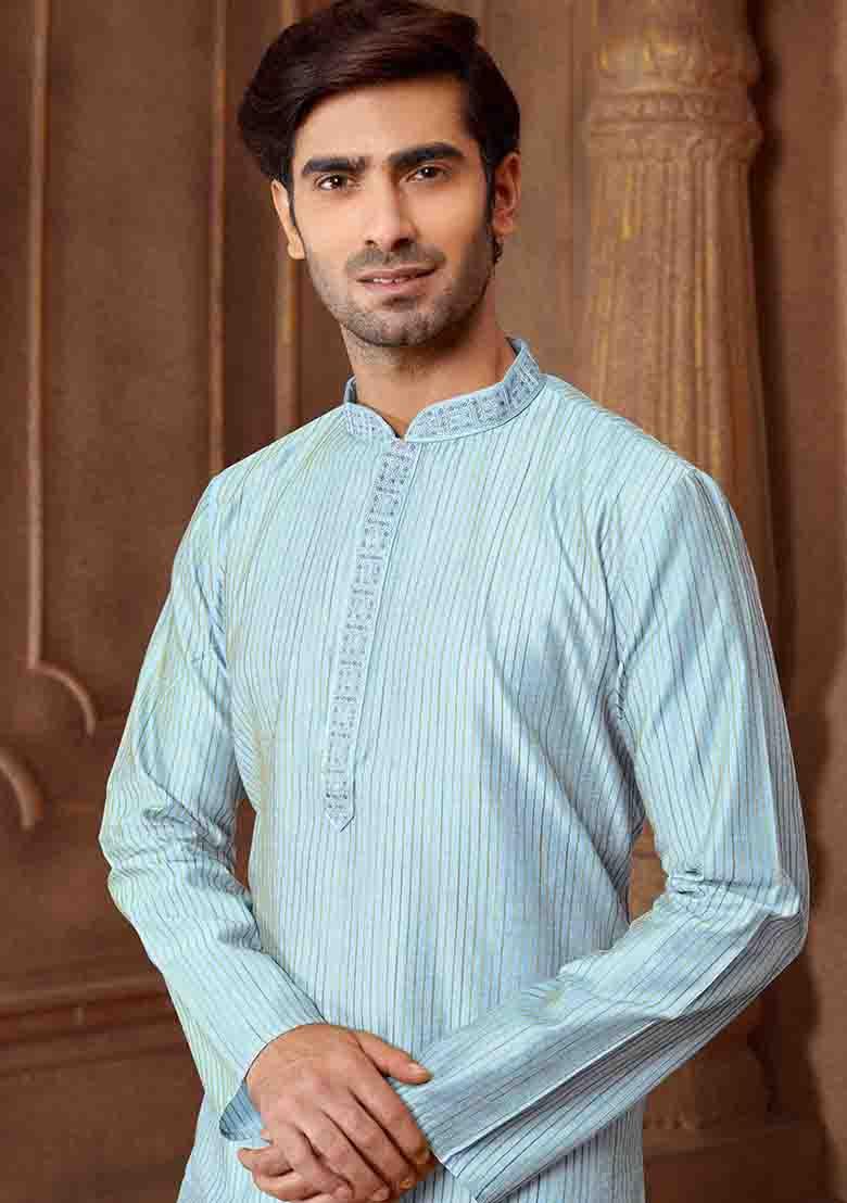 Sky Blue Solid Silk Kurta Set For Men
