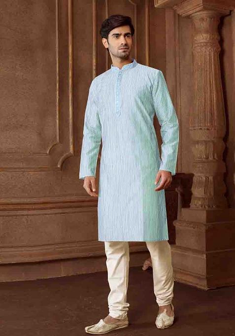 Sky Blue Solid Silk Kurta Set For Men — view on Indya
