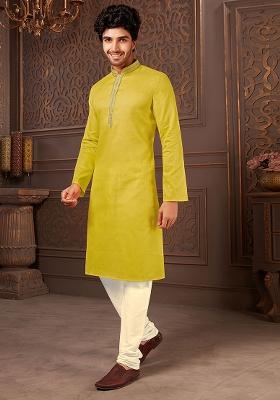 Green Solid Cotton Kurta Set For Men
