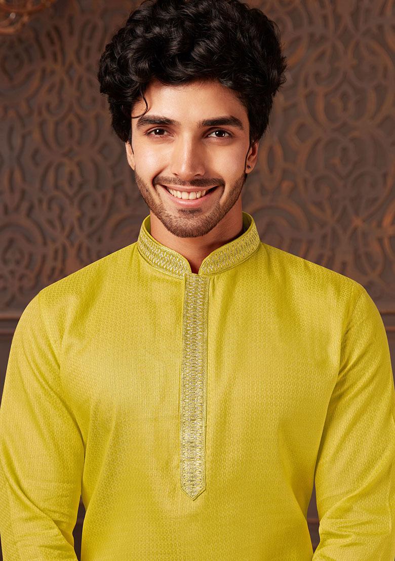 Green Solid Cotton Kurta Set For Men