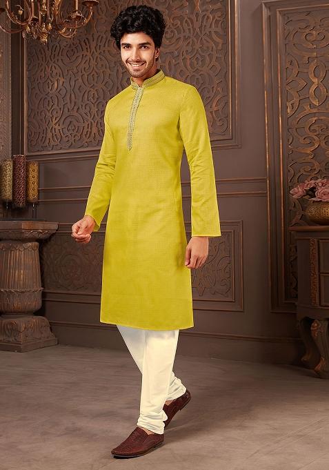 Green Solid Cotton Kurta Set For Men