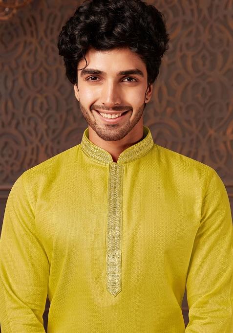 Green Solid Cotton Kurta Set For Men