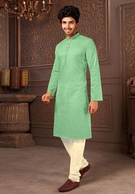 C.Green Solid Cotton Kurta Set For Men