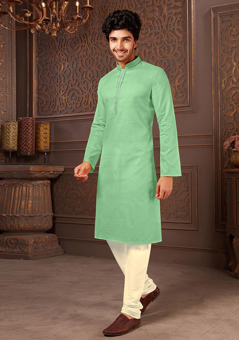 C.Green Solid Cotton Kurta Set For Men