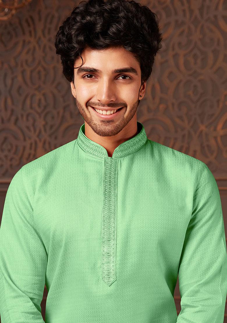C.Green Solid Cotton Kurta Set For Men
