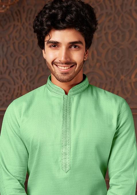 C.Green Solid Cotton Kurta Set For Men