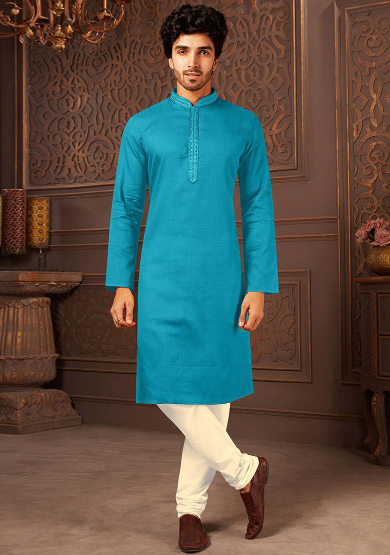 Firozi Solid Cotton Kurta Set For Men