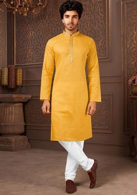 Musturd Solid Cotton Kurta Set For Men