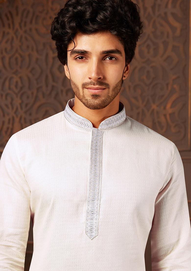 White Solid Cotton Kurta Set For Men