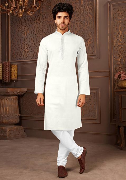 White Solid Cotton Kurta Set For Men — view on Indya