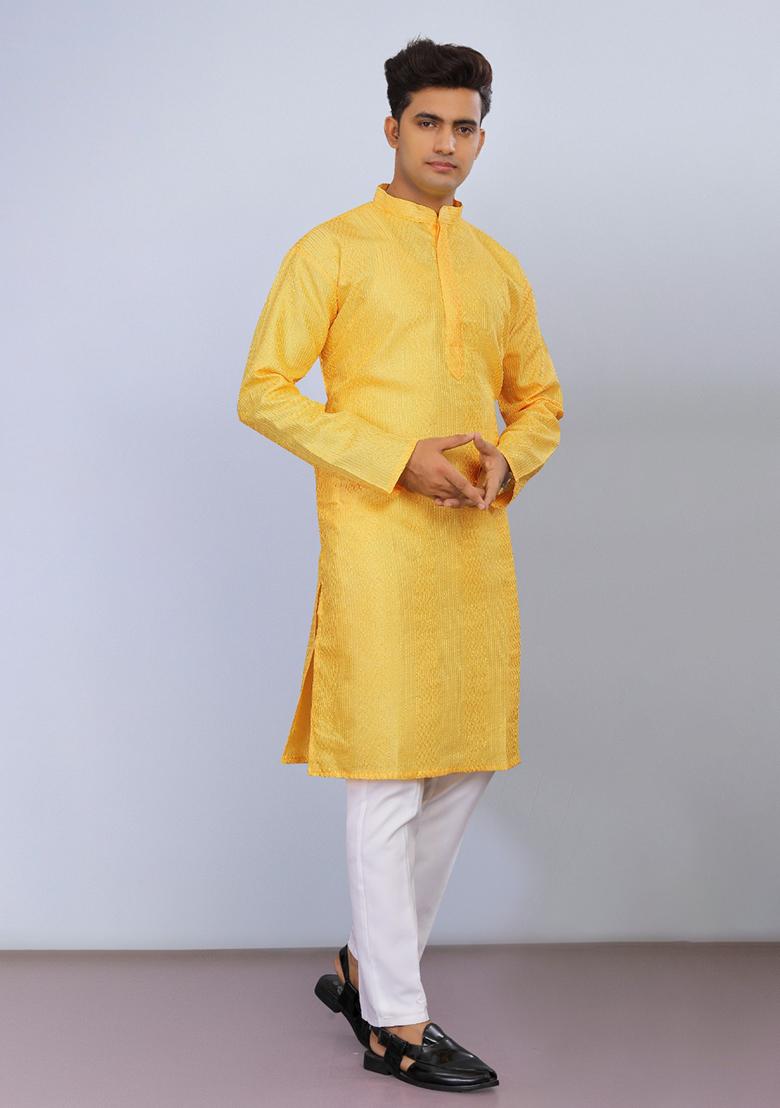 Yellow Embroidered Poly Blend Kurta Set For Men