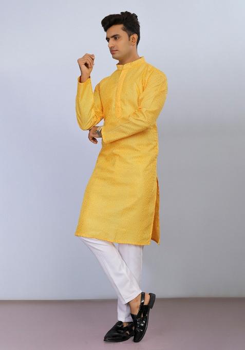 Yellow Embroidered Poly Blend Kurta Set For Men
