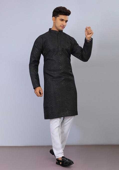 Black Embroidered Poly Blend Kurta Set For Men