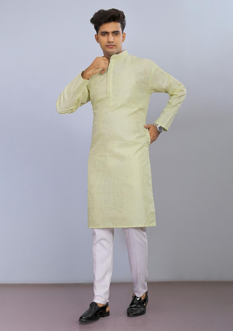Pista Embroidered Poly Blend Kurta Set For Men