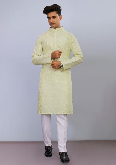 Pista Embroidered Poly Blend Kurta Set For Men