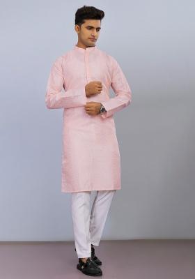 Light Pink Embroidered Poly Blend Kurta Set For Men