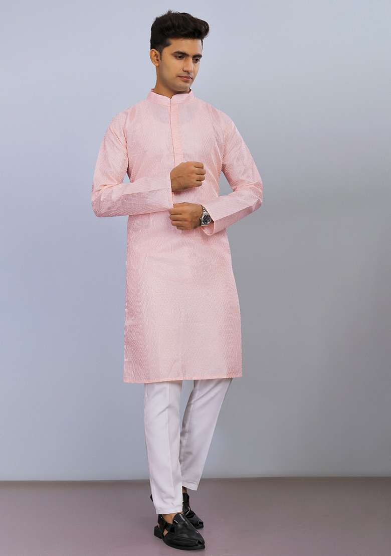 Light Pink Embroidered Poly Blend Kurta Set For Men - Indya