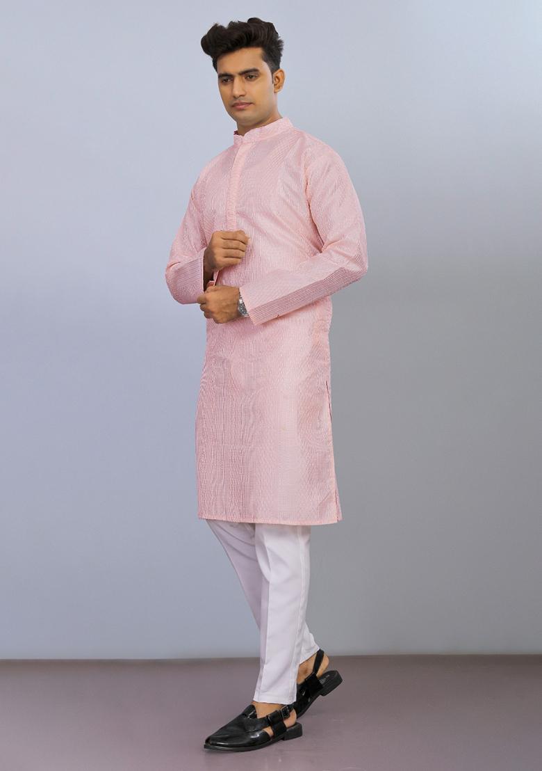 Light Pink Embroidered Poly Blend Kurta Set For Men