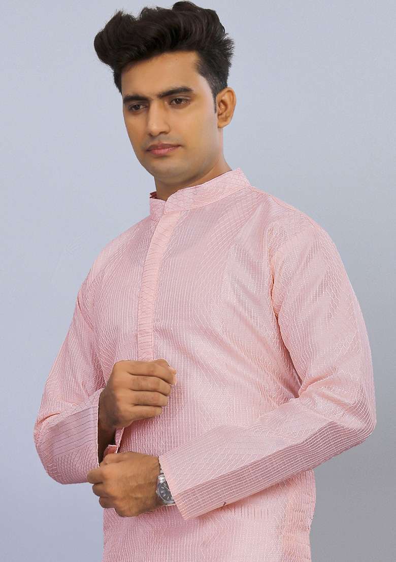 Light Pink Embroidered Poly Blend Kurta Set For Men - Indya